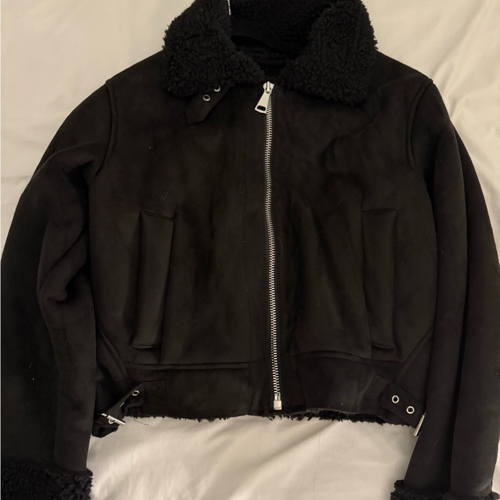 Pull&Bear Black Bomber Jacket with Shearling Collar